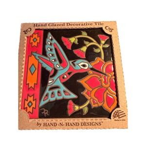 Hummingbird Hand Glazed Decorative‎ Tile Art Flower Black Red Orange Blue New